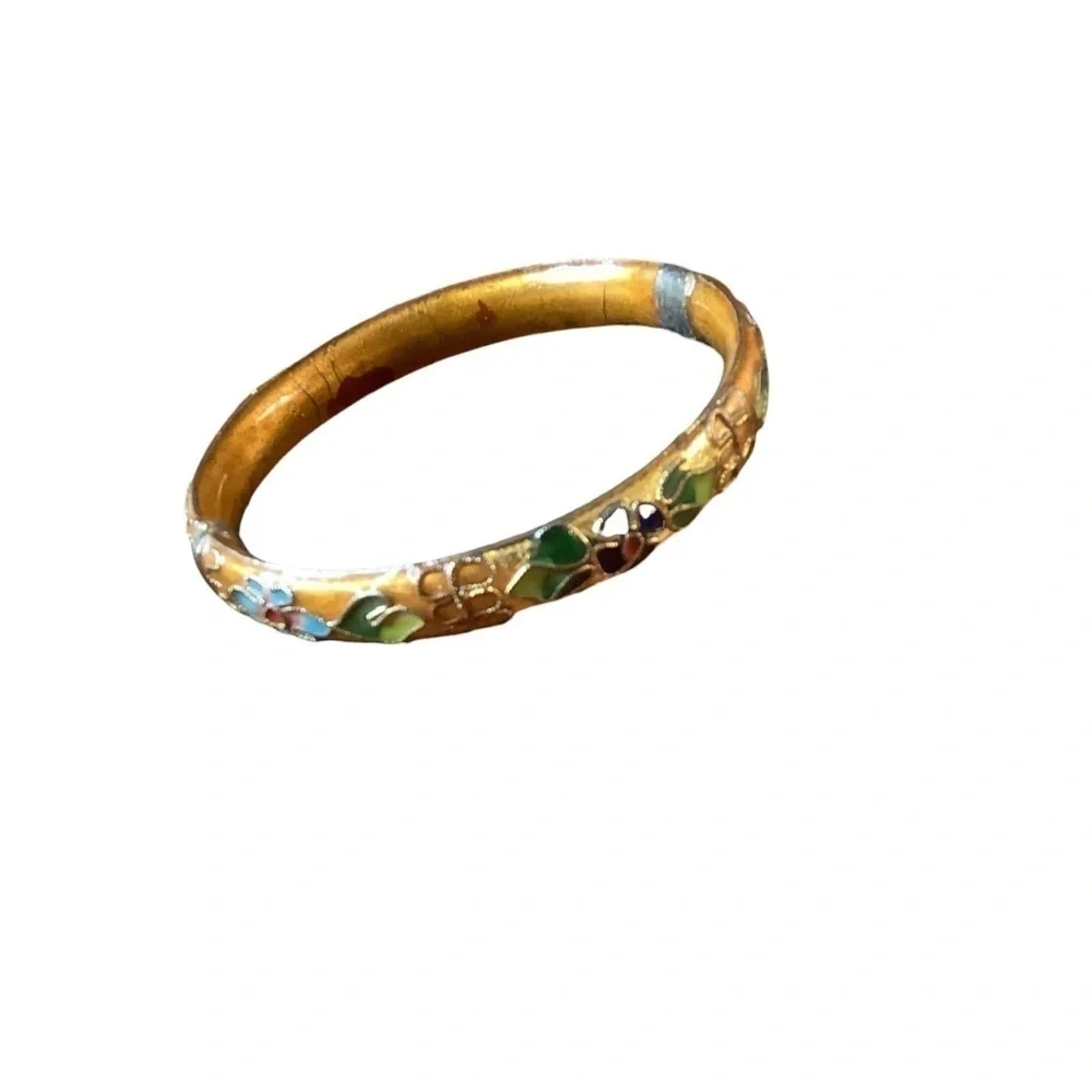 Vintage Cloisonné Hinged Bangle Raised Gold Gilt Enamel Flower